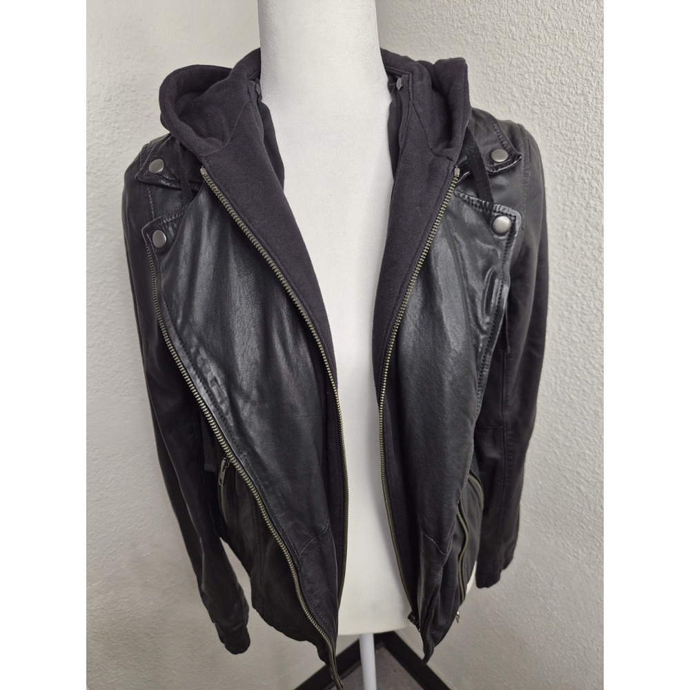 Caslon 100% Leather Moto Jacket With Removable hoodie In Black size S - Picture 4 of 16